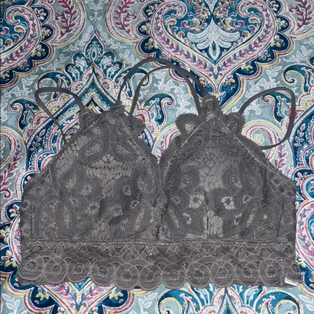 Gray Lace Longline Bralette with Scalloped Edges
